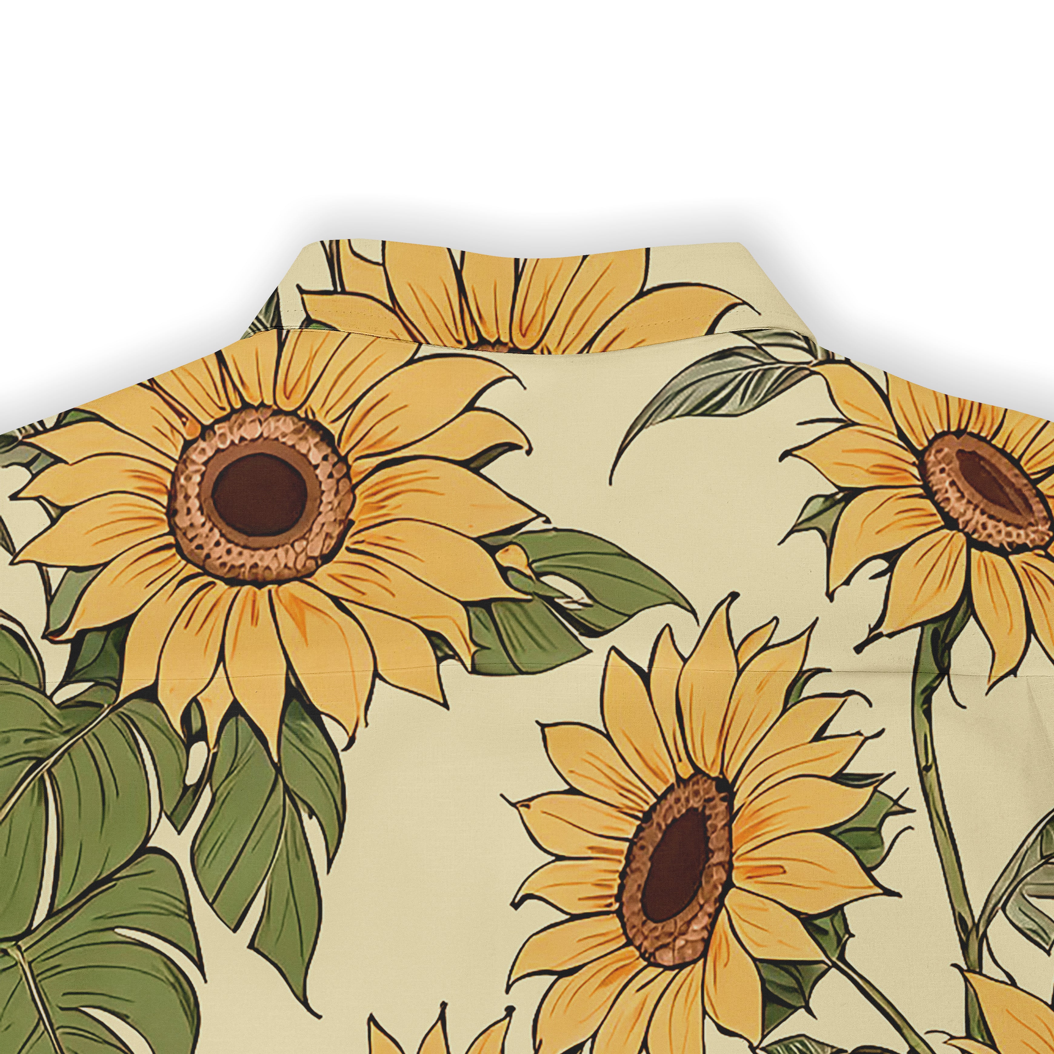 Sunflower print shirt with vibrant yellow blooms and green leaves.