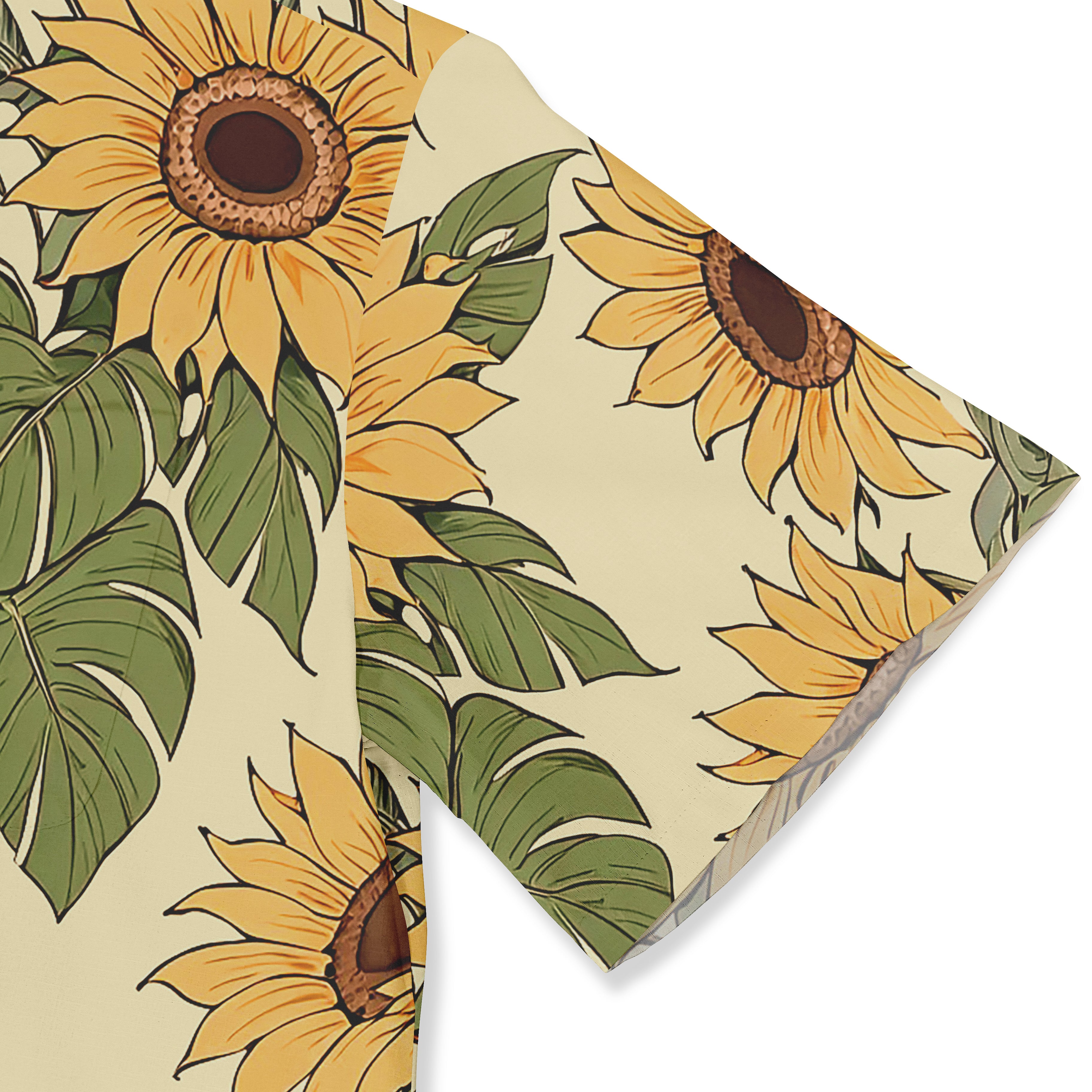 Sunflower and leaf patterned fabric with vibrant yellow blooms.