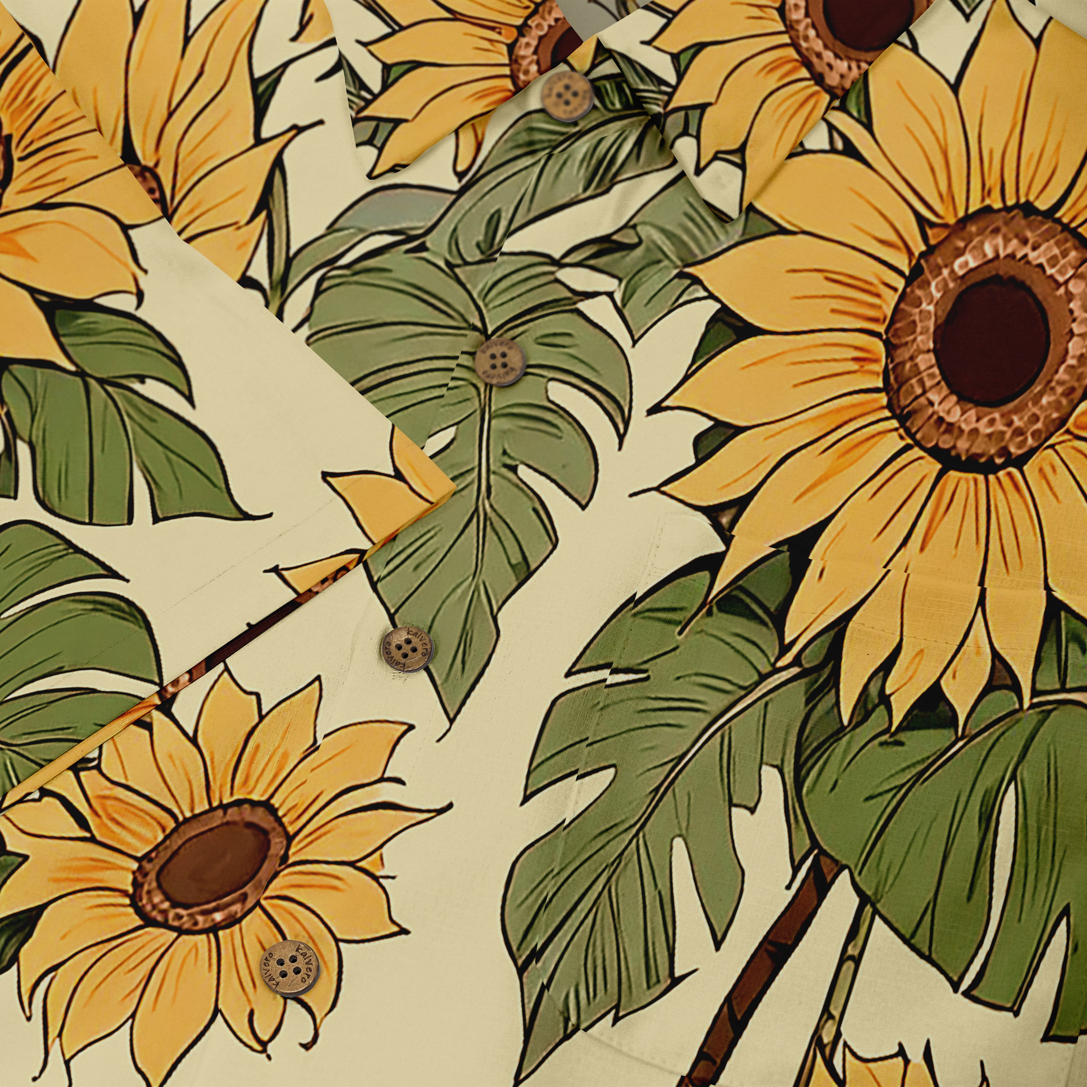 Sunflower and leaf print fabric with buttons.