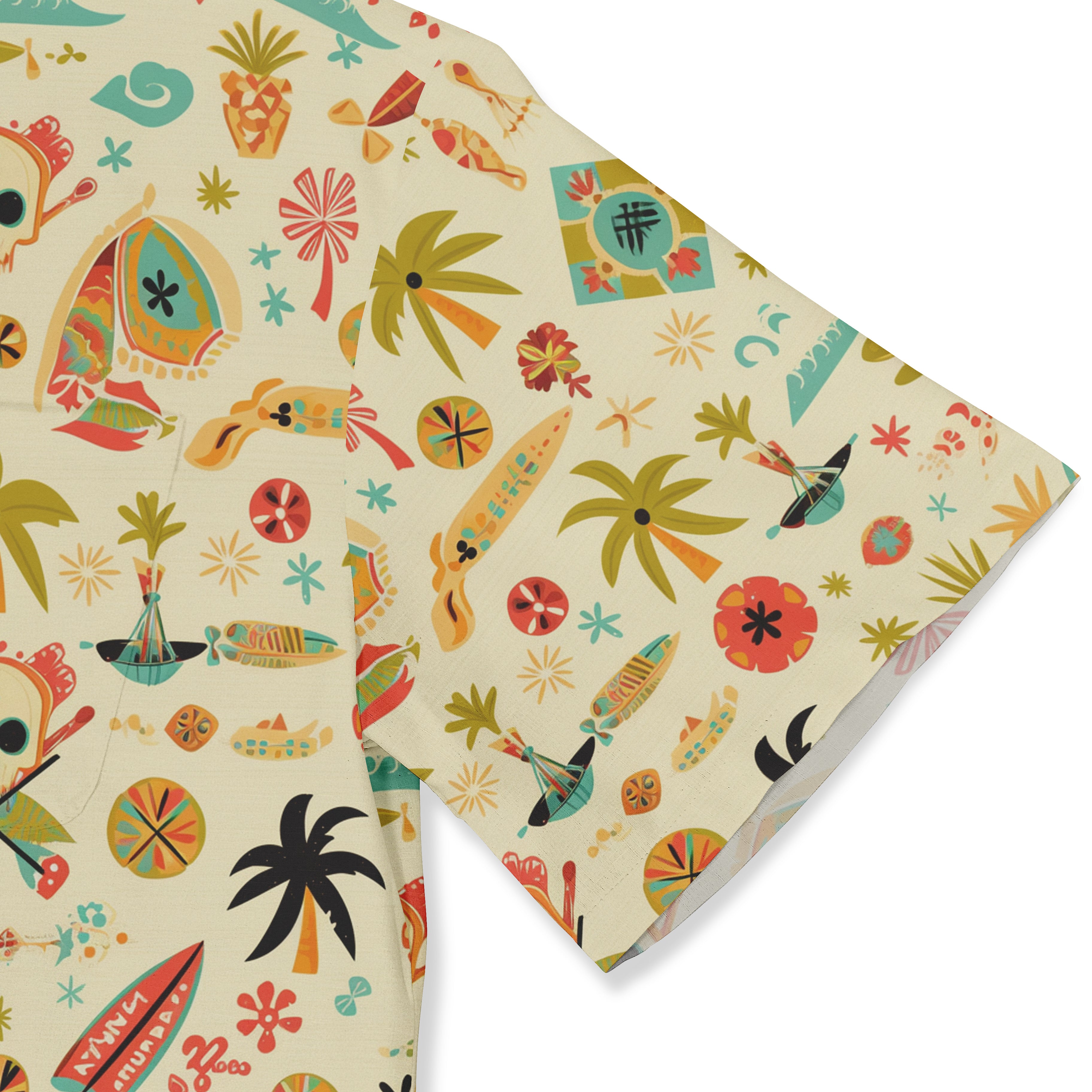 Tropical fabric with palm trees, flowers, and surfboards.