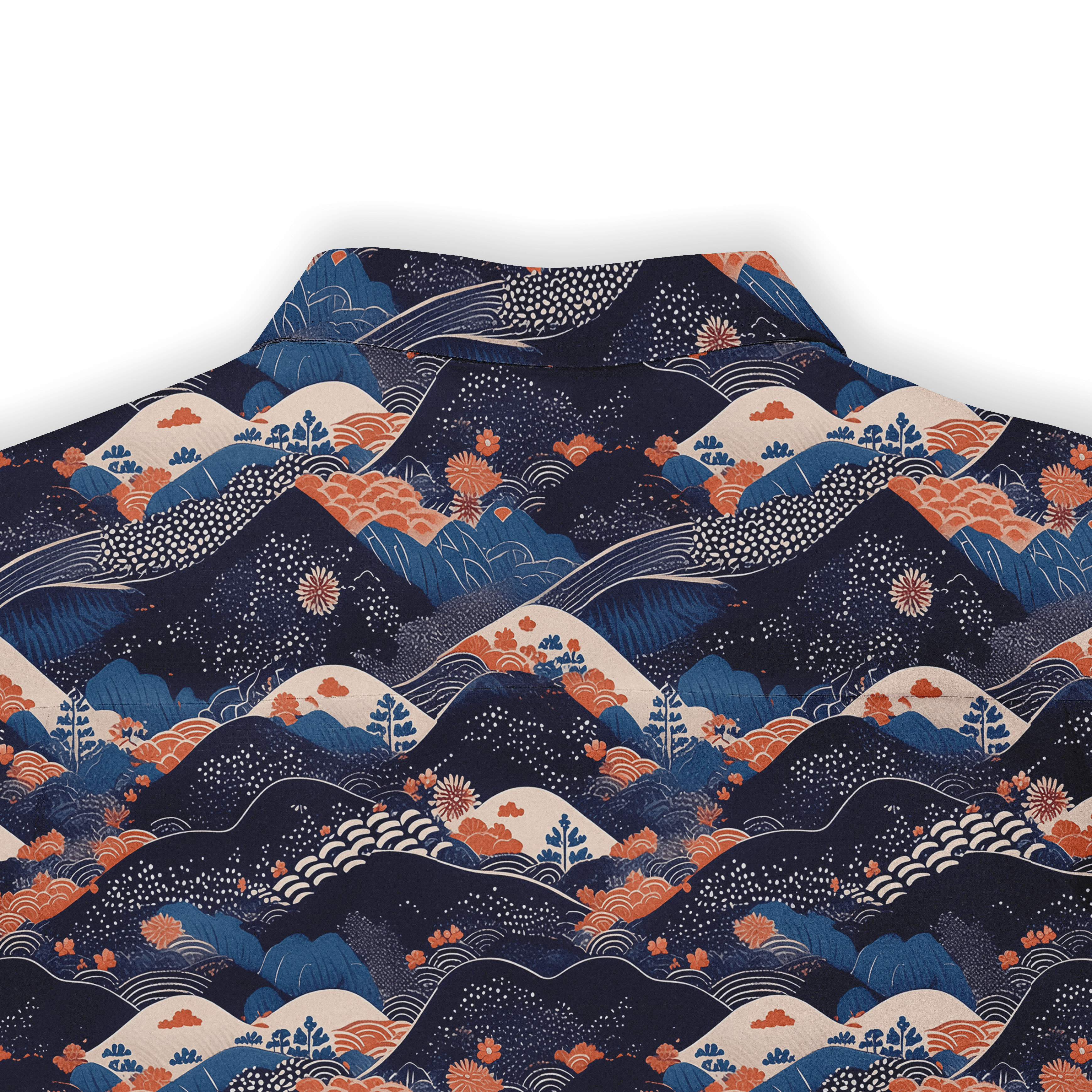 Dark blue fabric with orange and white floral wave patterns.