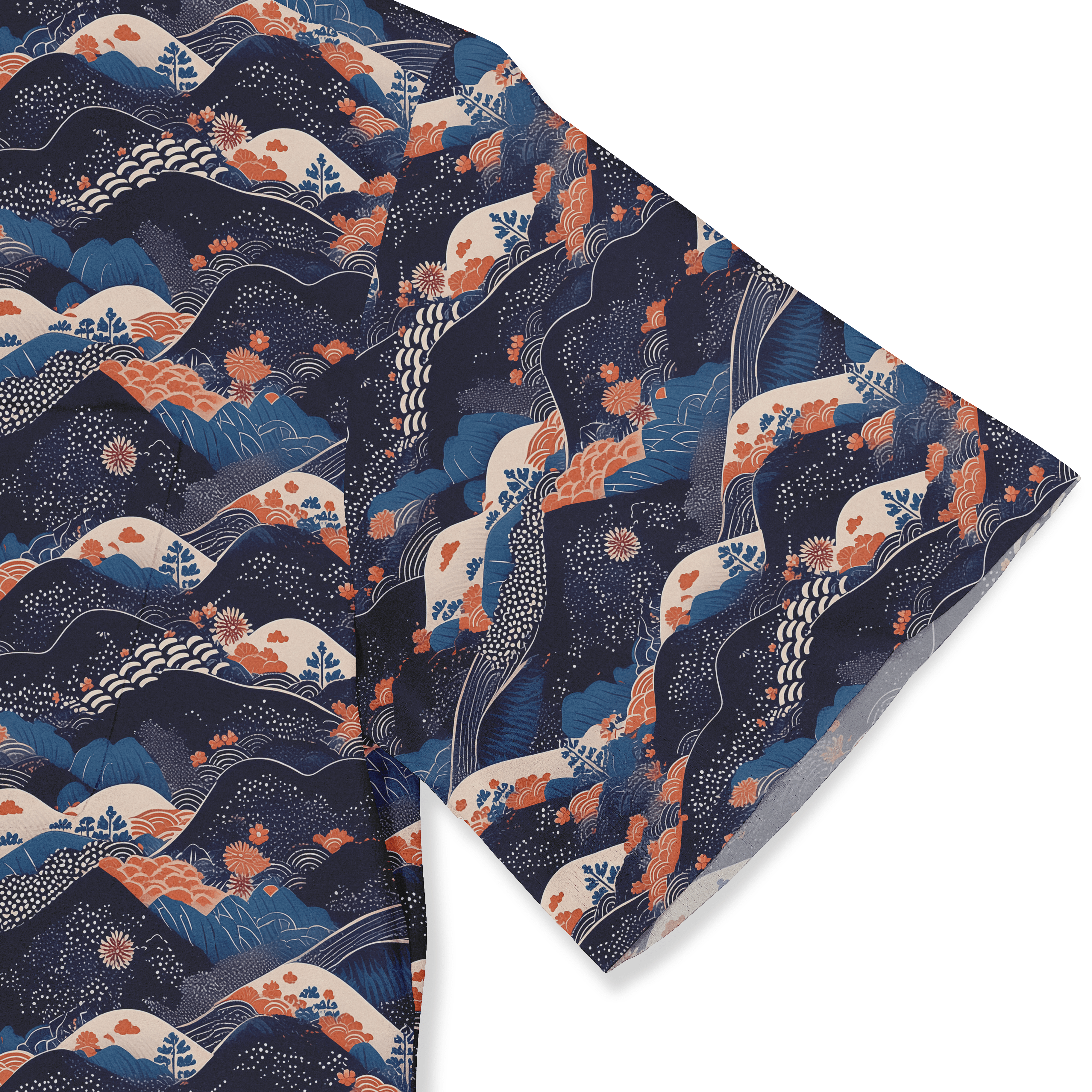 A navy blue fabric with a traditional Japanese wave and floral.