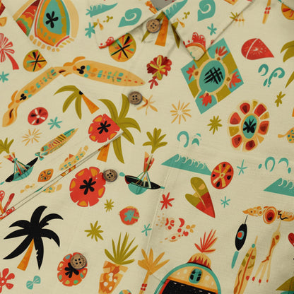 Colorful tropical print shirt with palm trees and surfboards.